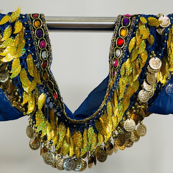 Blue with Gold leaves coins Wrap Skirt Bellydance - Picture 4 of 4